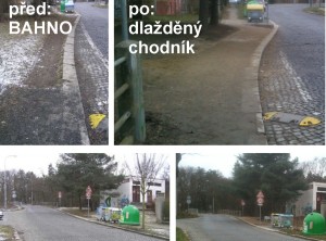 Chybějící chodník pod Mateřskou školou Naskové (stav 2011) a nový chodník (2013).